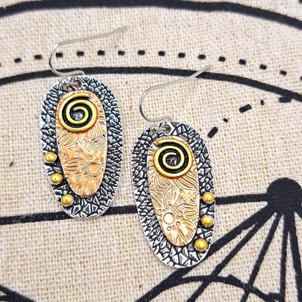 Tricolor tribal earrings copper gold silver mix bohochic western studded